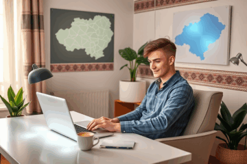 Žmogus naudojasi skaitmeniniu įrenginiu, kad gautų paskolą internetu, pabrėžiant paprastumą ir saugumą.