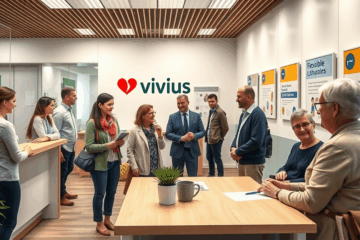 Žmogaus ranka laiko pinigus šalia Vivus logotipo