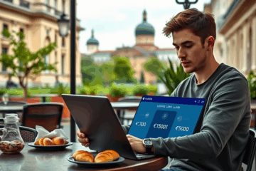 Vaizdas rodantis žmogų naudojantį kompiuterį kredito paraiškai pildyti internetu.