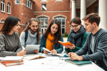 Studentai sėdi prie nešiojamojo kompiuterio su knygomis, simbolizuojantys kredito gavimą per Invega programą